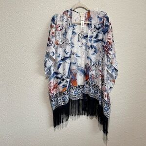 Chico's S/M Womens Silk Blend Kimono Floral Tropical Fringe Artsy Casual Boho